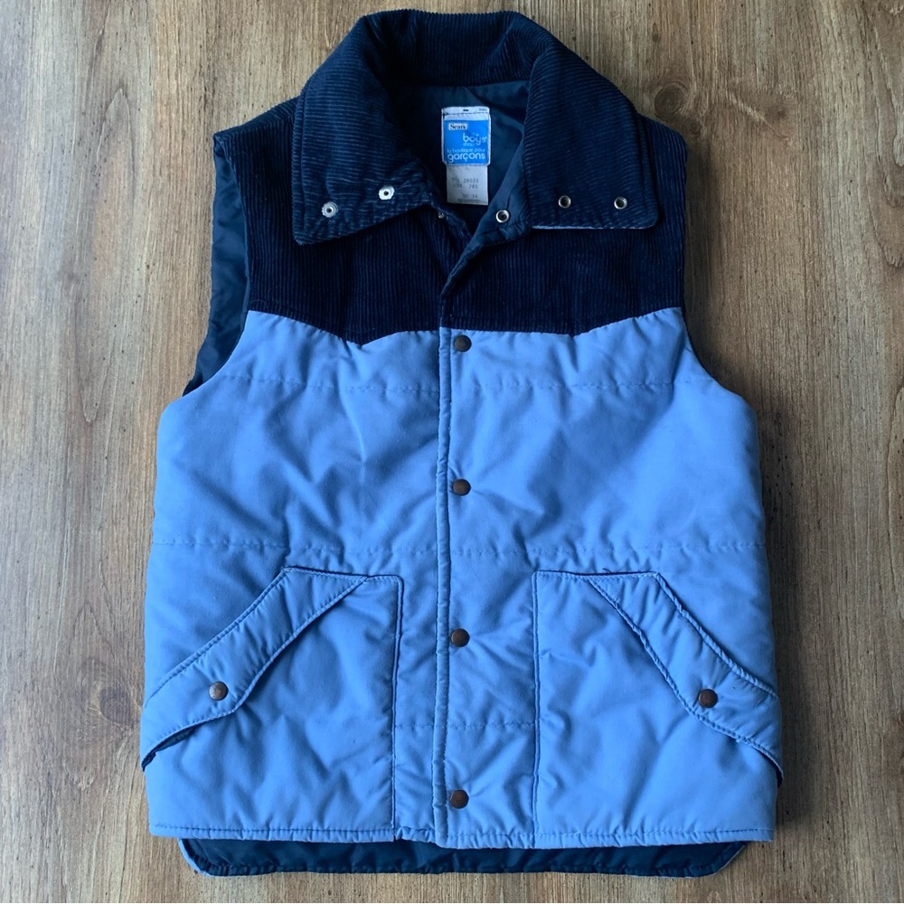 Vintage Sears Puffer Vest Boys 16 Adult XS Blue Corduroy